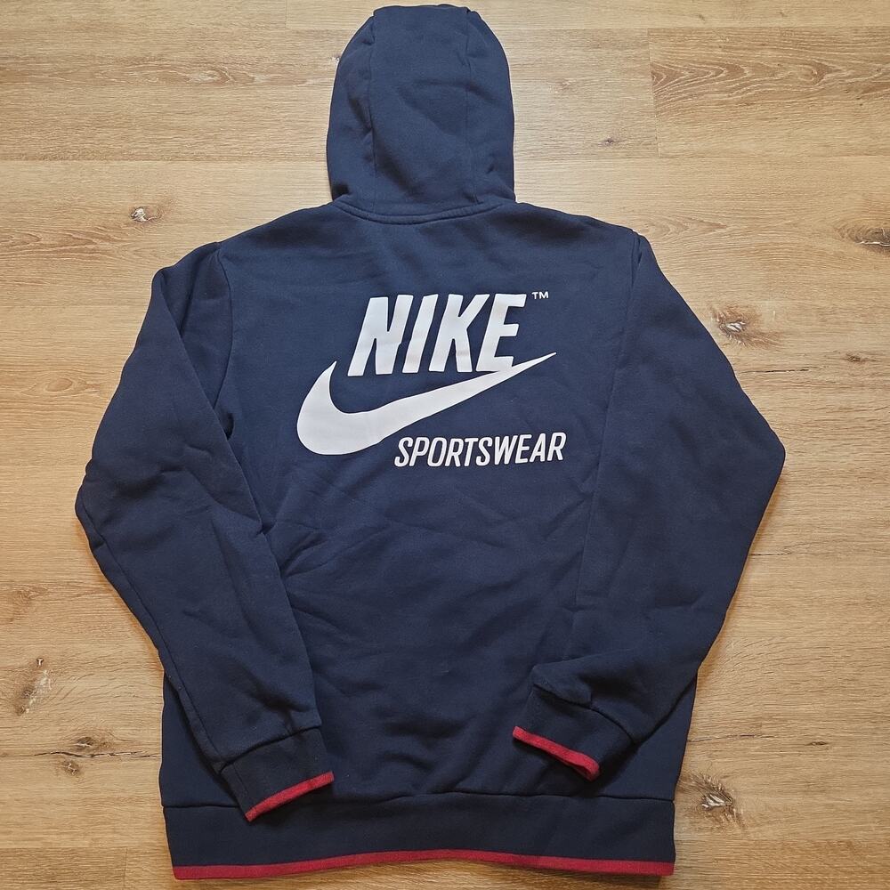 Nike Sportswear Mens M Navy Full Zip Fleece Hoodie Big Back Logo Red Trim